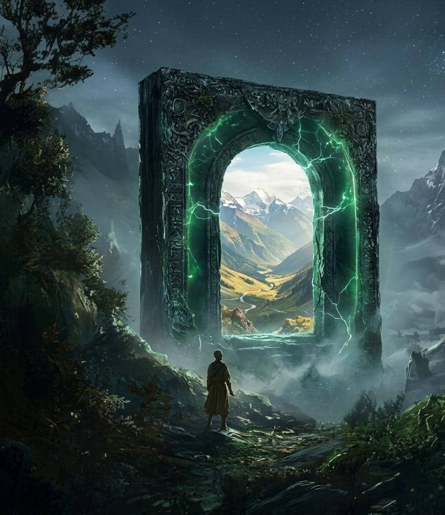 An explorer before the awakened Vein gate — a threshold to the new frontier